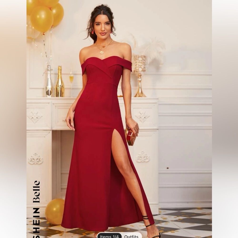 SHEIN Red Off Shoulder Long Dress with slit, Size Medium